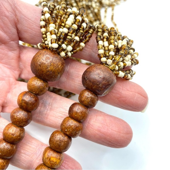 Boho Multi-Strand Brown Cream Seed Beads Long Necklace Artisan Made - Picture 6 of 8